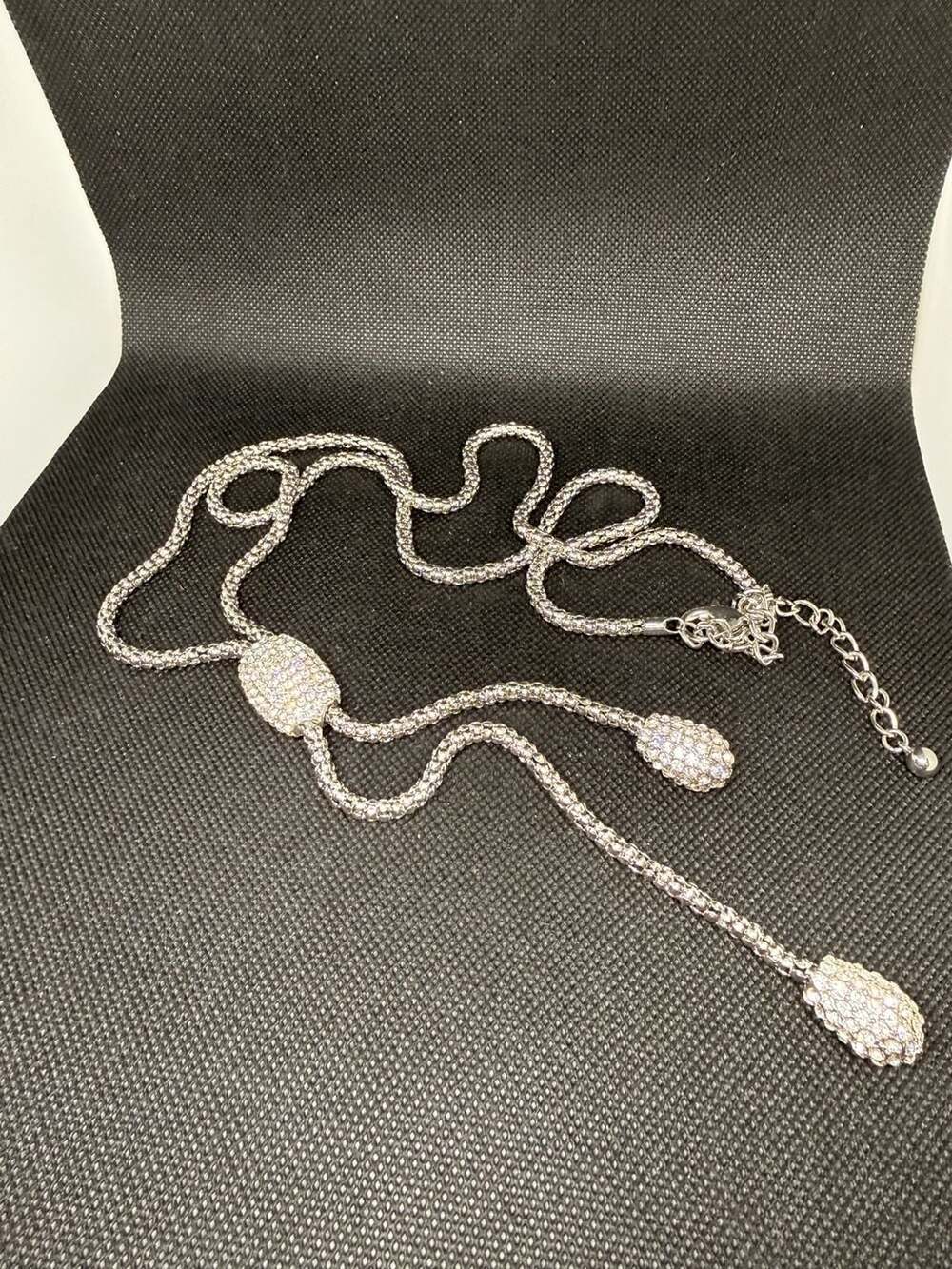 Chico's Silver-Tone Rhinestone Encrusted Textured Drop Lariat Bolo Necklace